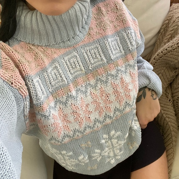 Vintage Sweaters - Vintage 1980’s Max and Diane blue and pink Cottagecore turtleneck sweater